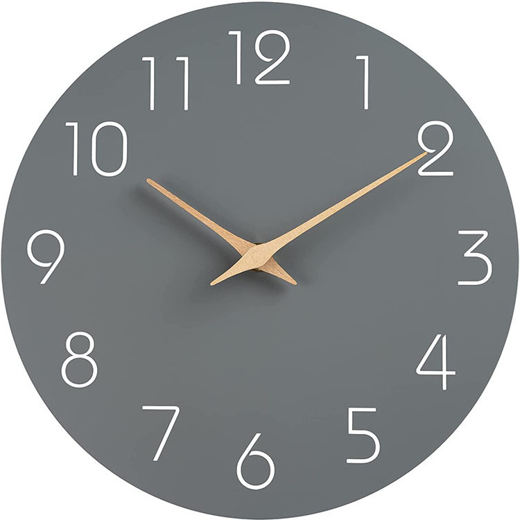 Customized Size Grey Wooden Wall Clocks Silent Non-Ticking Battery Operated Modern Decorative Simple Home Wall Clock