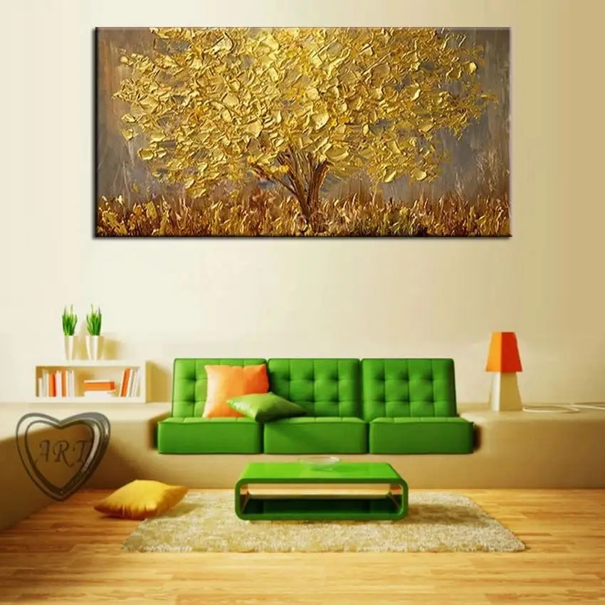 Hand Painted Large Palette 3d Knife Gold Tree Painting Modern Landscape Oil Painting On Canvas