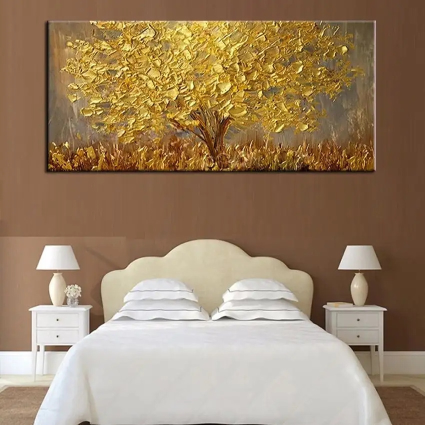 Hand Painted Large Palette 3d Knife Gold Tree Painting Modern Landscape Oil Painting On Canvas