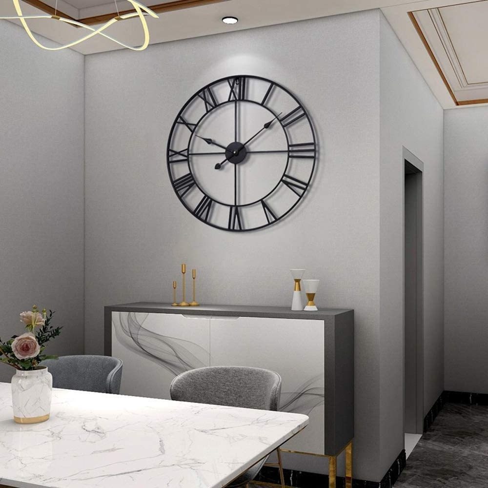 60cm Modern Metal Wall Clocks Round Nearly Silent Battery Operated Black Roman Numerals Clock for Living Room