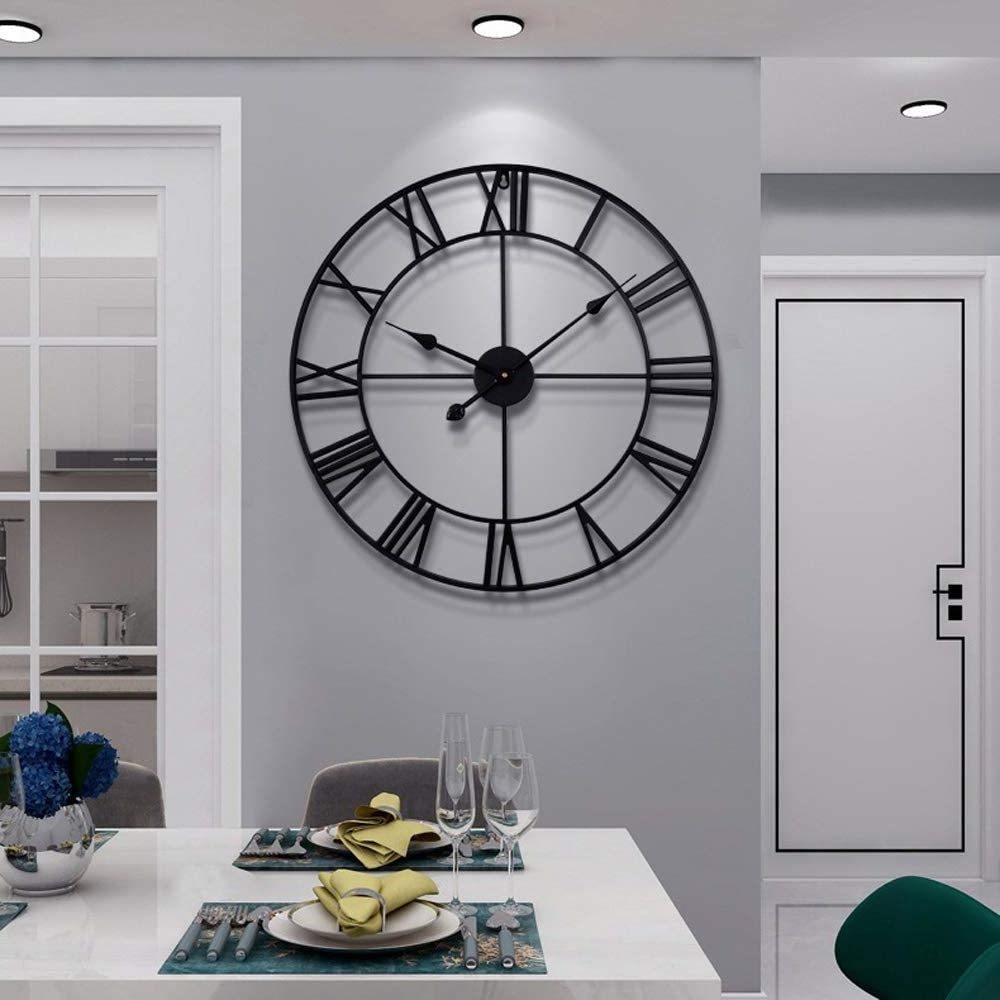 60cm Modern Metal Wall Clocks Round Nearly Silent Battery Operated Black Roman Numerals Clock for Living Room