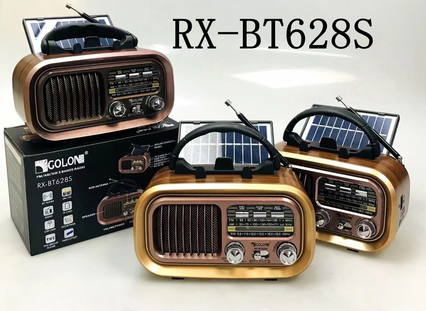 GOLON RX-BT628S Wholesaler Factory True Stereo Am/fm/sw 3 Bands Solar Panel Tws Portable Radio With Bt/usb/tf Music Player