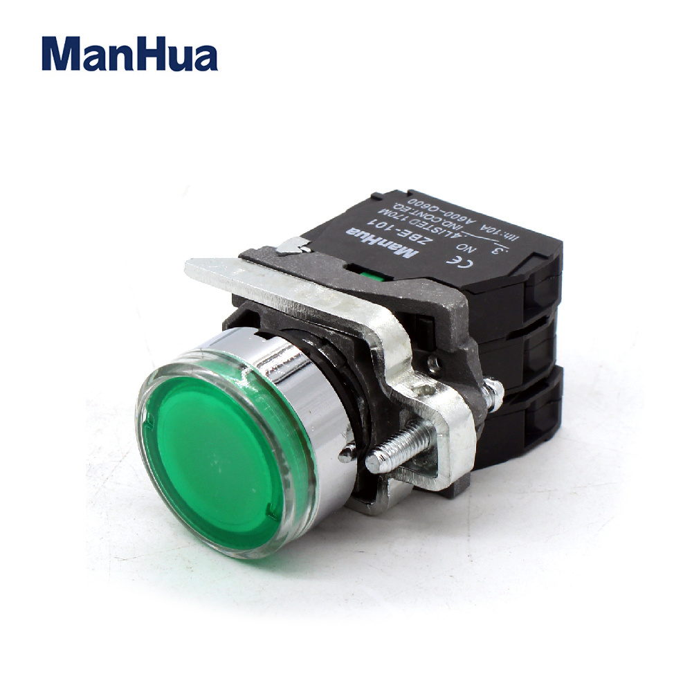 ManHua XB4-BW33M5 high quality waterproof industrial metal round push button switch with LED green lamp