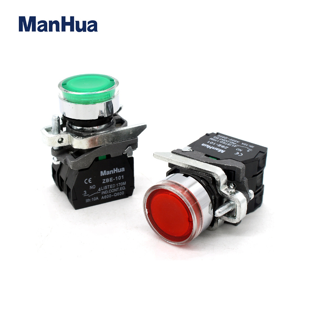 ManHua XB4-BW33M5 high quality waterproof industrial metal round push button switch with LED green lamp