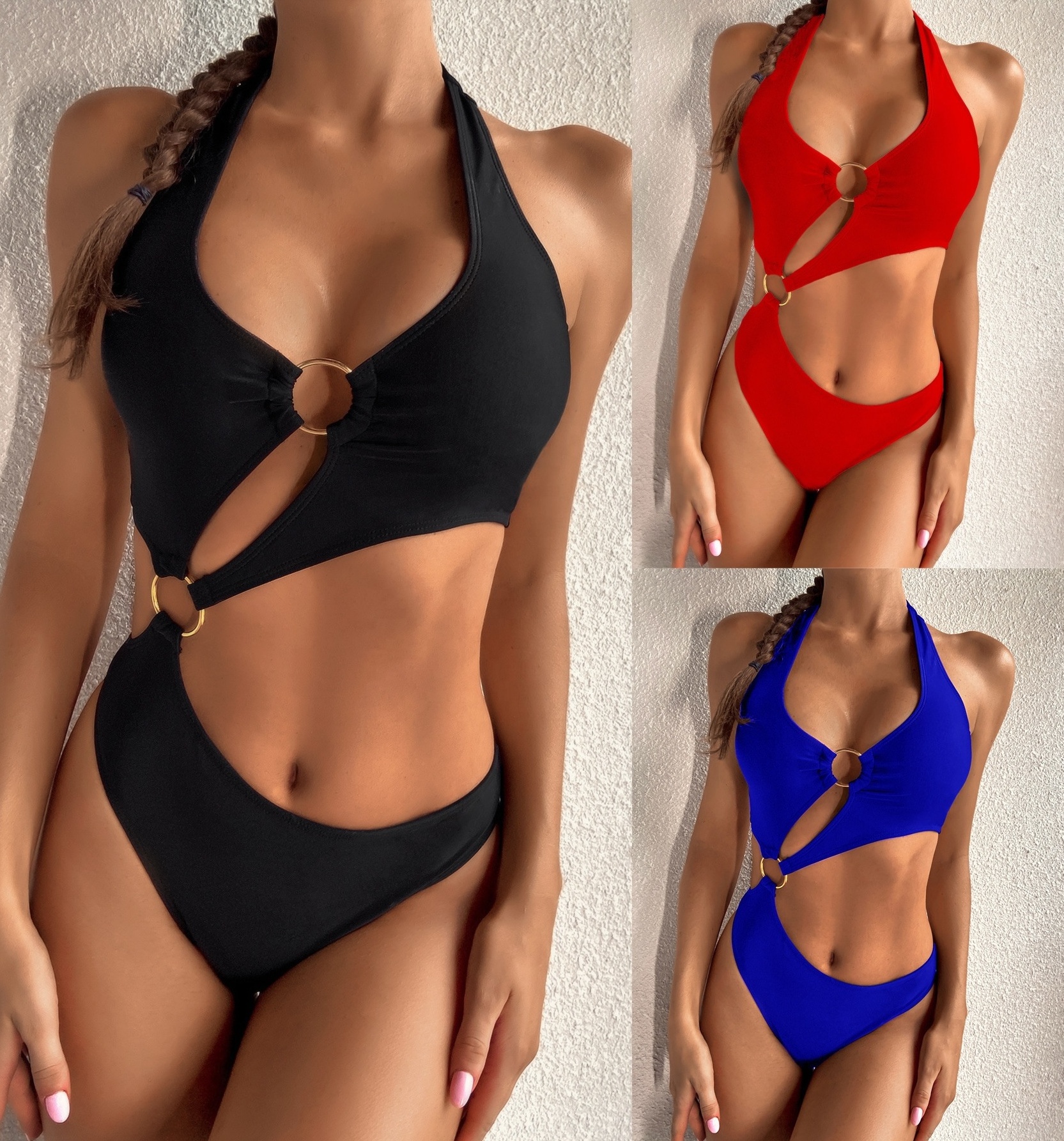 Women's Solid Ring Large Open Back Hanging Neck Sexy Bikini Split High Waist Swimwear