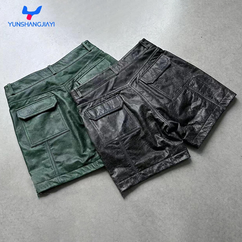 YSJY Custom Design Metallic Pu Cargo Zipper Shorts Streetwear Black Blank Faux Leather Shorts For Men