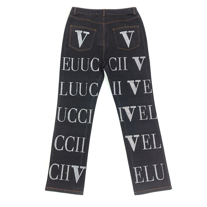 YSJY Custom Cotton Trousers Men Rhinestone Pants Printed Denim Streetwear Cargo Jeans Mens