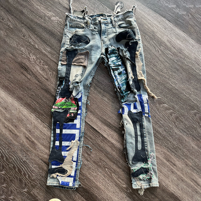 Streetwear Mens Hip Hop Vintage Denim Ripped Distressed Stacked Denim Jeans Men