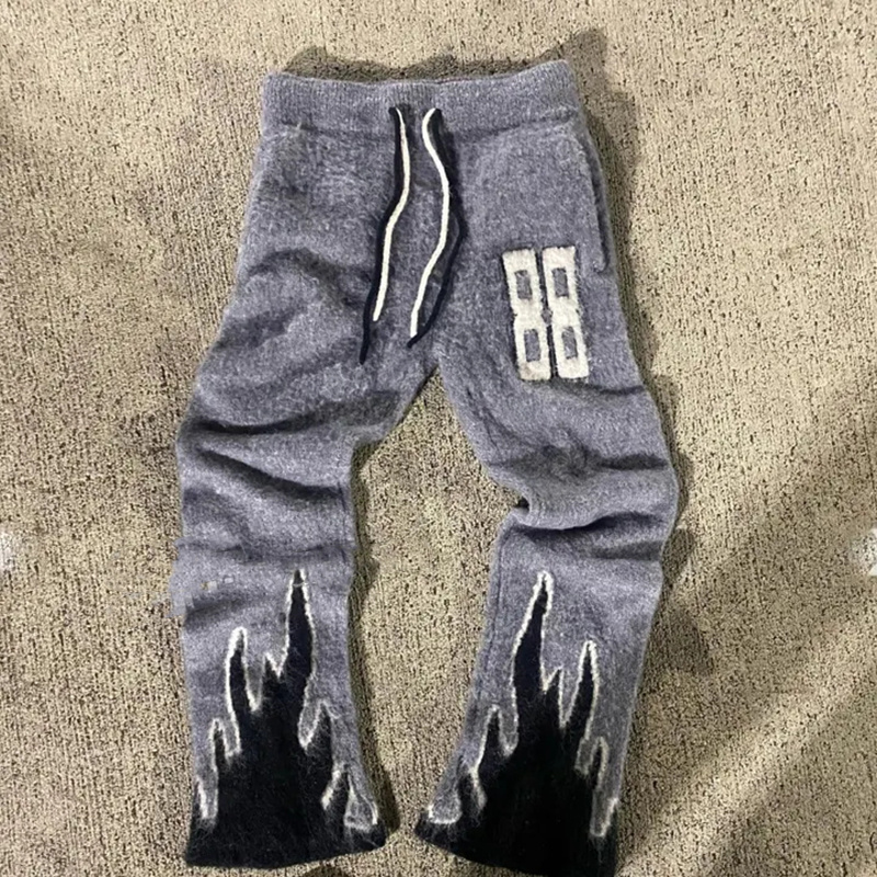 YSJY Wholesale Custom Letter Graphic Print Mohair Sweatpants Fuzzy Brushed Mohair Outdoor Flare Stacked Pants For Men