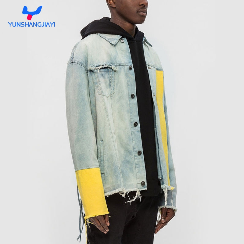 YSJY Custom Men Vintage Yellow Sleeve Slight Distressed Denim Jacket Men