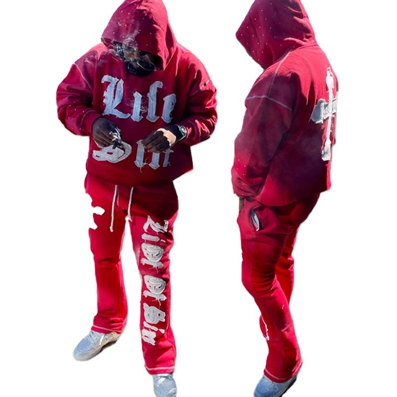 YSJY Custom Sweatsuits Two Pieces Oversized 100% Cotton Joggers Flared Sweatpants And Hoodie Set Tracksuit Sweat Suits