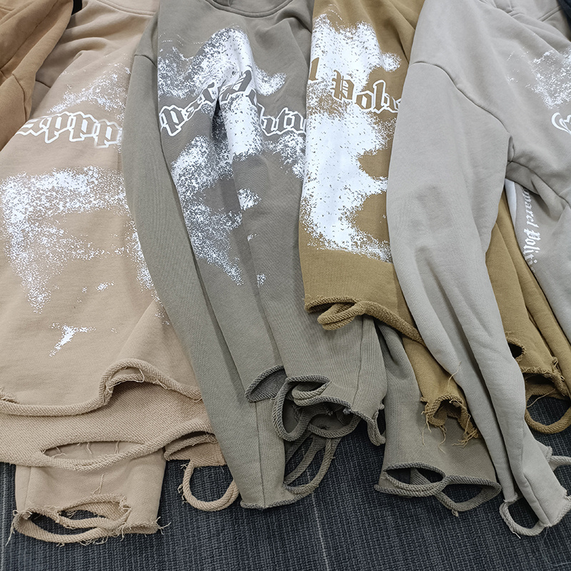 Custom men hoodies no string oversized pullover french terry cotton acid wash cut edgs raw hem hoodie