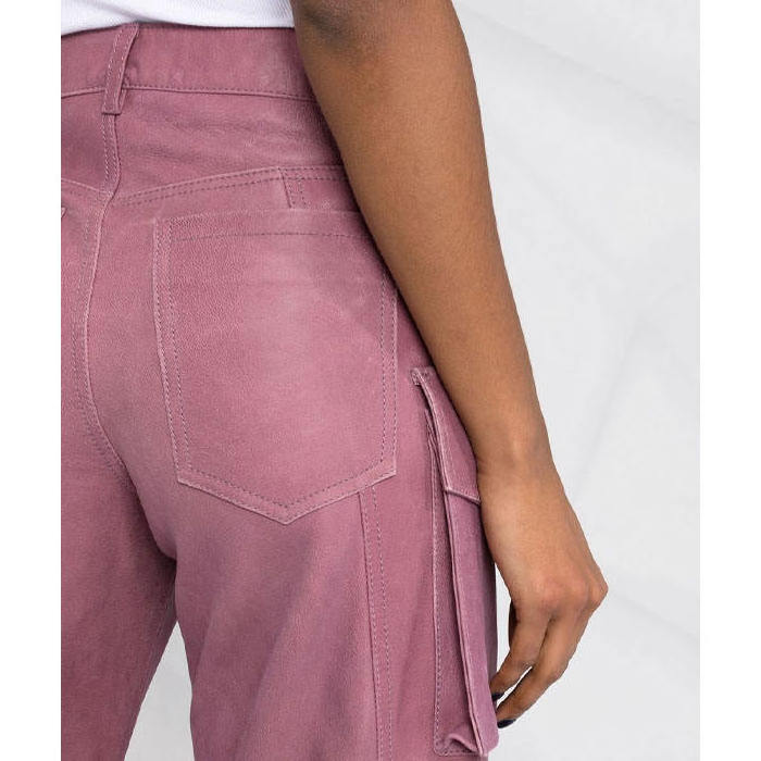 Women High Waist Multi Utility Pockets Straight Leg Cargo Pants Punk Style Pink Faux Leather Baggy Stacked Trousers