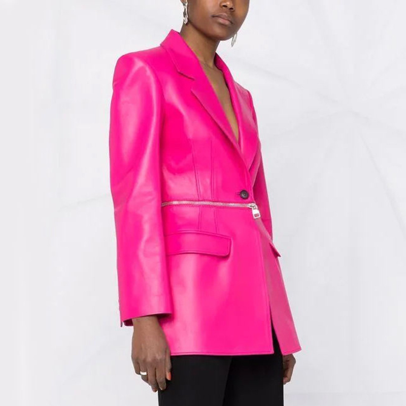 Women's street wear pink notched lapel one button waist wraparound zip leather blazer jacket with two flap pockets