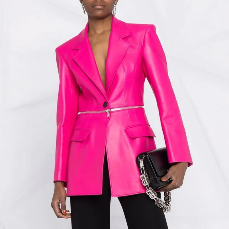 Women's street wear pink notched lapel one button waist wraparound zip leather blazer jacket with two flap pockets