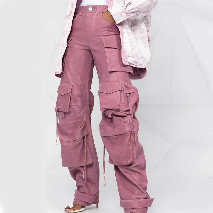 Women High Waist Multi Utility Pockets Straight Leg Cargo Pants Punk Style Pink Faux Leather Baggy Stacked Trousers