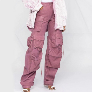 Women High Waist Multi Utility Pockets Straight Leg Cargo Pants Punk Style Pink Faux Leather Baggy Stacked Trousers