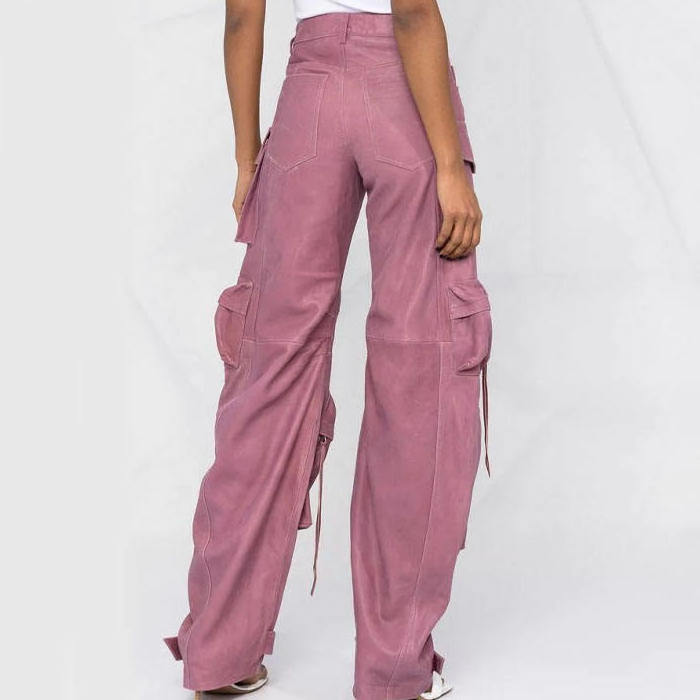 Women High Waist Multi Utility Pockets Straight Leg Cargo Pants Punk Style Pink Faux Leather Baggy Stacked Trousers