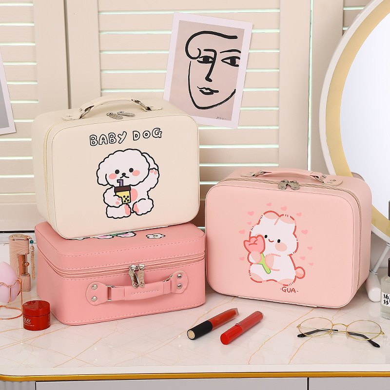 Cute PU Leather Portable Travel Cosmetic Bag Large Capacity Cosmetic Case With Mirror For Women Makeup Organizer