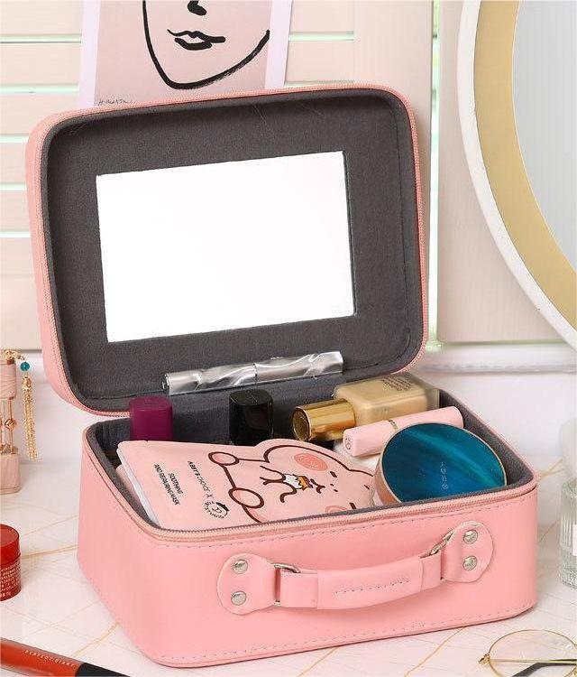 Cute PU Leather Portable Travel Cosmetic Bag Large Capacity Cosmetic Case With Mirror For Women Makeup Organizer