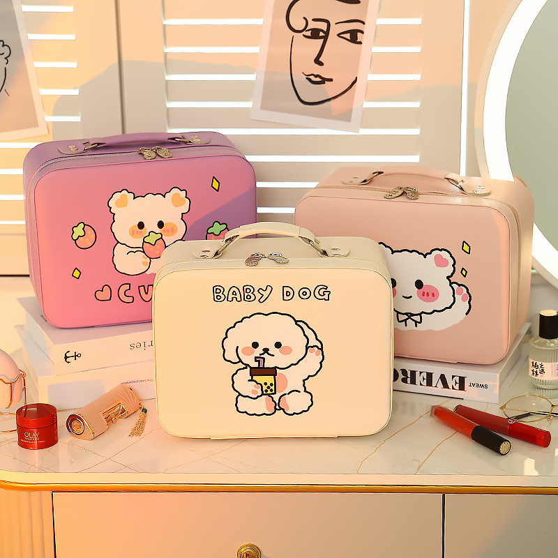 Cute PU Leather Portable Travel Cosmetic Bag Large Capacity Cosmetic Case With Mirror For Women Makeup Organizer