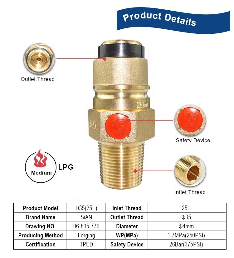 SiAN Customized Valve Propane Gas Cylinder Self-closing Valve 25E TPED Certified D35 LPG Jumbo Valve