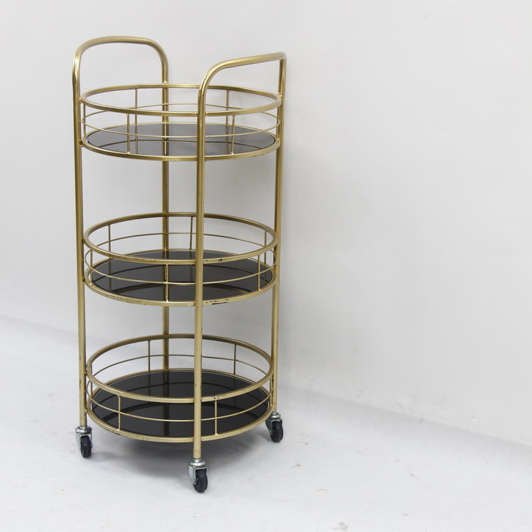 3 tier Metal round glass kitchen trolley storage holders for hotel or home