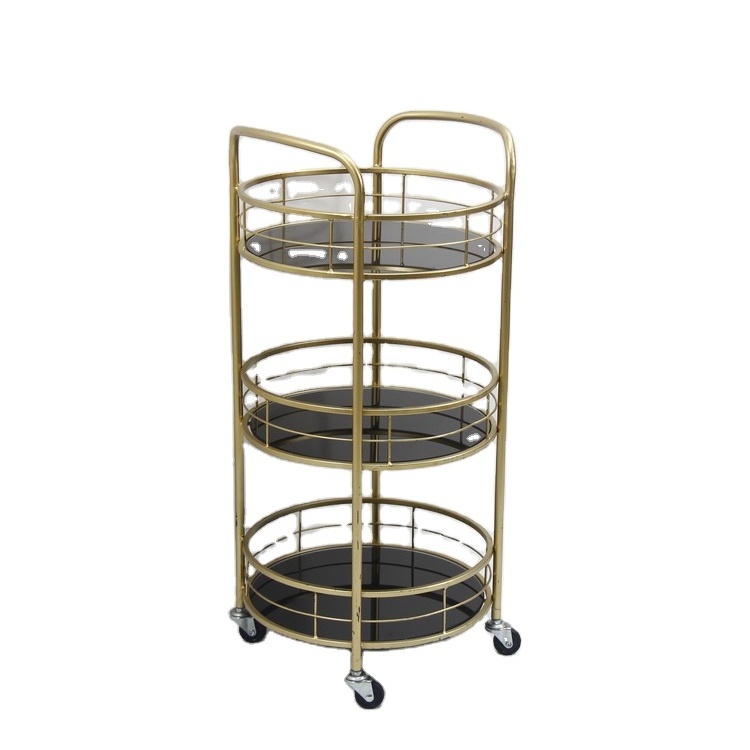 3 tier Metal round glass kitchen trolley storage holders for hotel or home