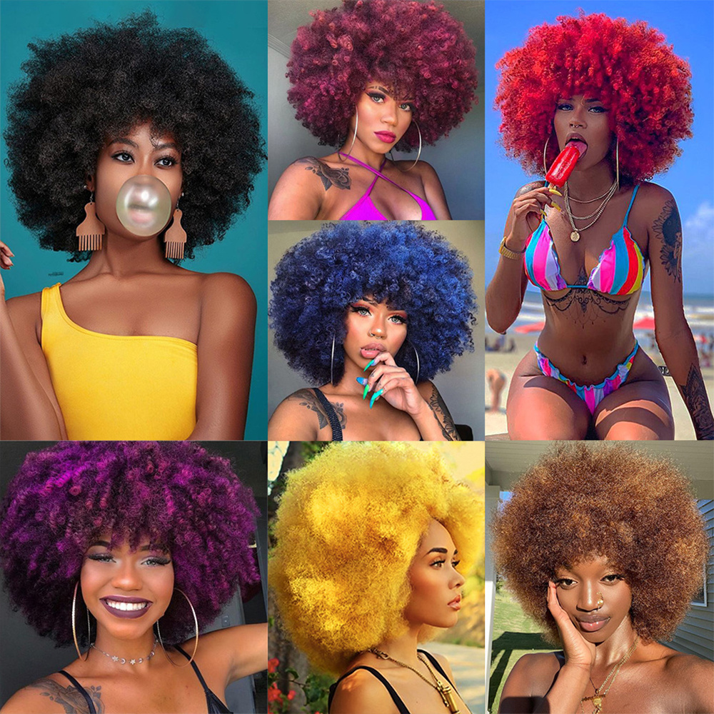 Short Hair Afro Kinky Curly Wigs With Bangs For Black Women African Synthetic Ombre Glueless Cosplay Natural Blonde Red Blue Wig