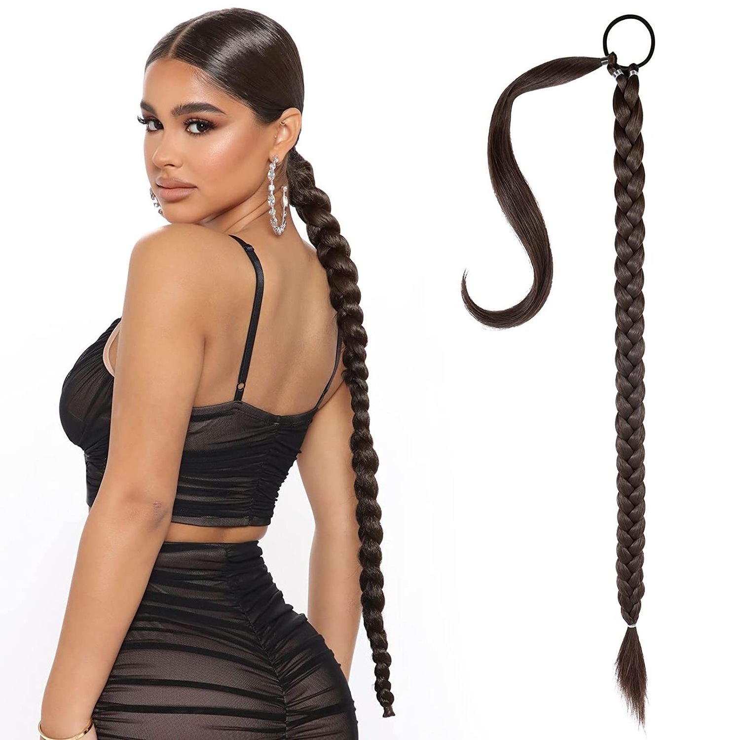 with Hair Tie Straight Wrap Around Hair Ponytail Natural Soft Synthetic Hair Piece for Women (Black Chocolate Brown, 32 inch)