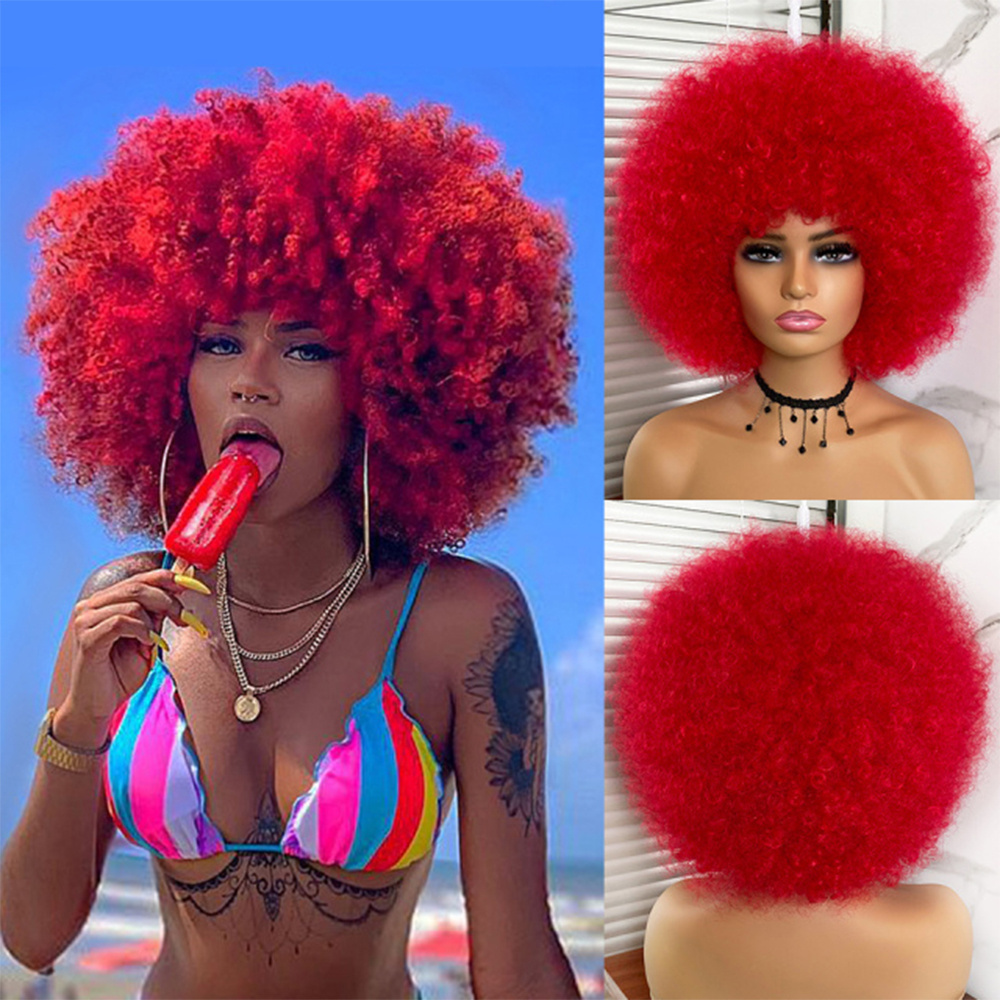 Short Hair Afro Kinky Curly Wigs With Bangs For Black Women African Synthetic Ombre Glueless Cosplay Natural Blonde Red Blue Wig