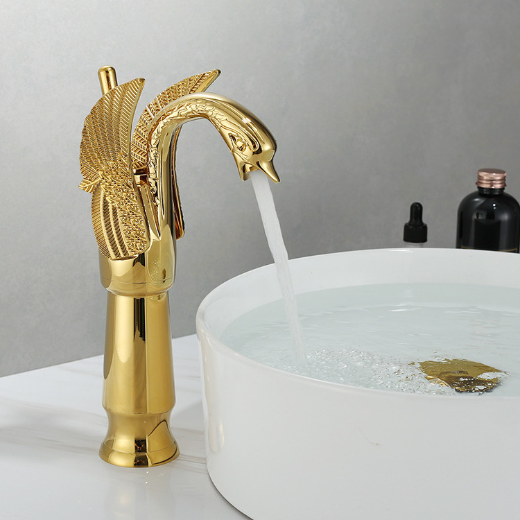 Bathroom Golden Swan Animal Shape Hot and Cold  Mixer Wash Basin Faucet Tap