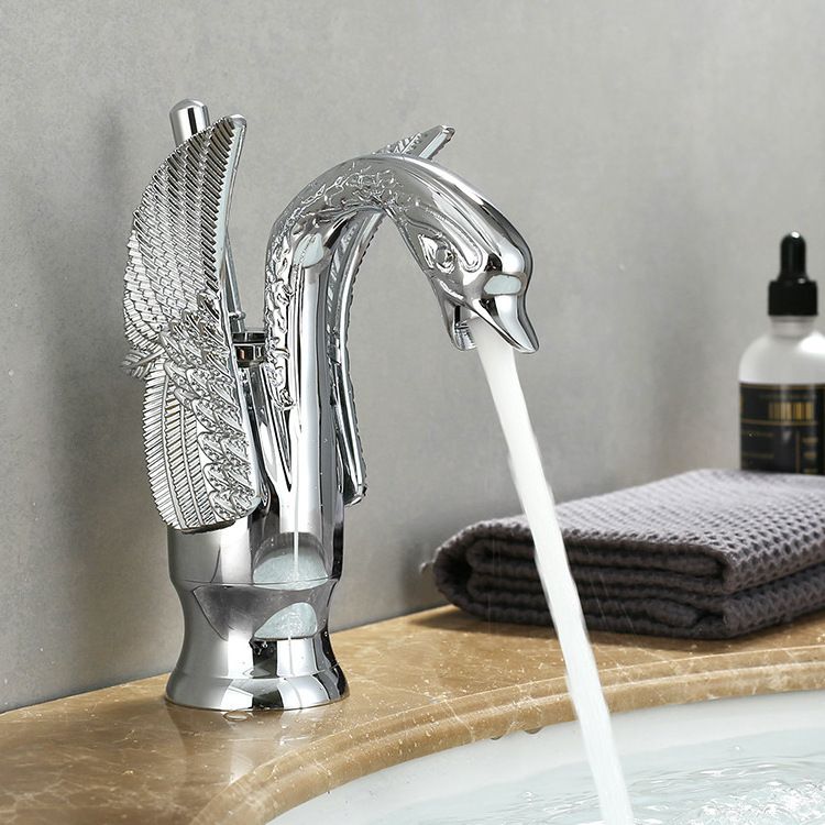 Bathroom Golden Swan Animal Shape Hot and Cold  Mixer Wash Basin Faucet Tap