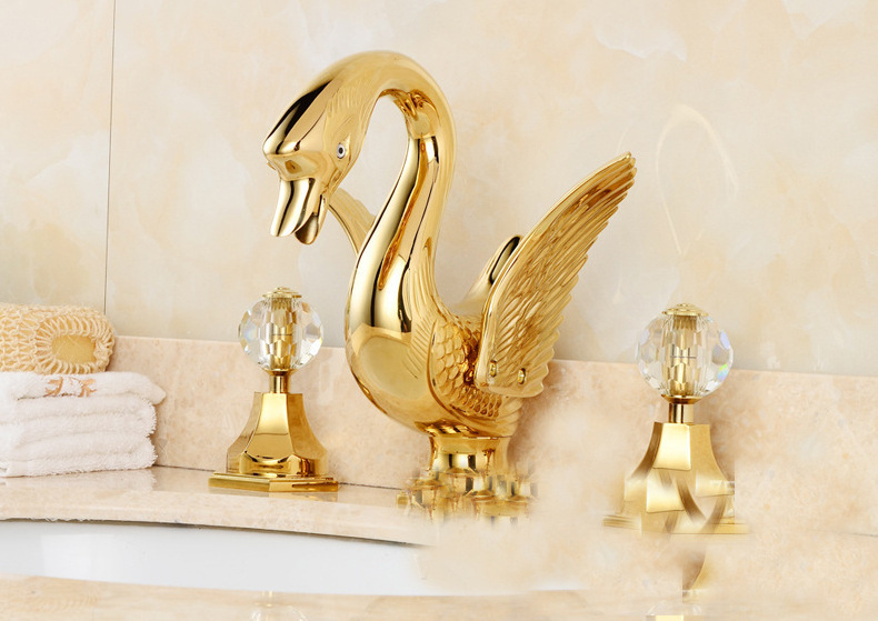 Swan Animal Sink Tap Basin Faucet Brass Modern Contemporary Hotel Kitchen Faucet 3 Holes Dual Handle Faucet Hot Sale Golden