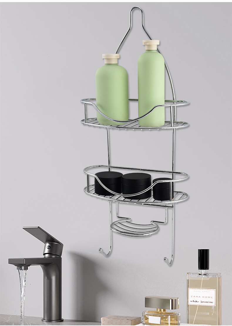 CBM Manufacture Price Wire Stainless Steel Bathroom Shelf With Hook Hanging Shower Shelves Storage Rack