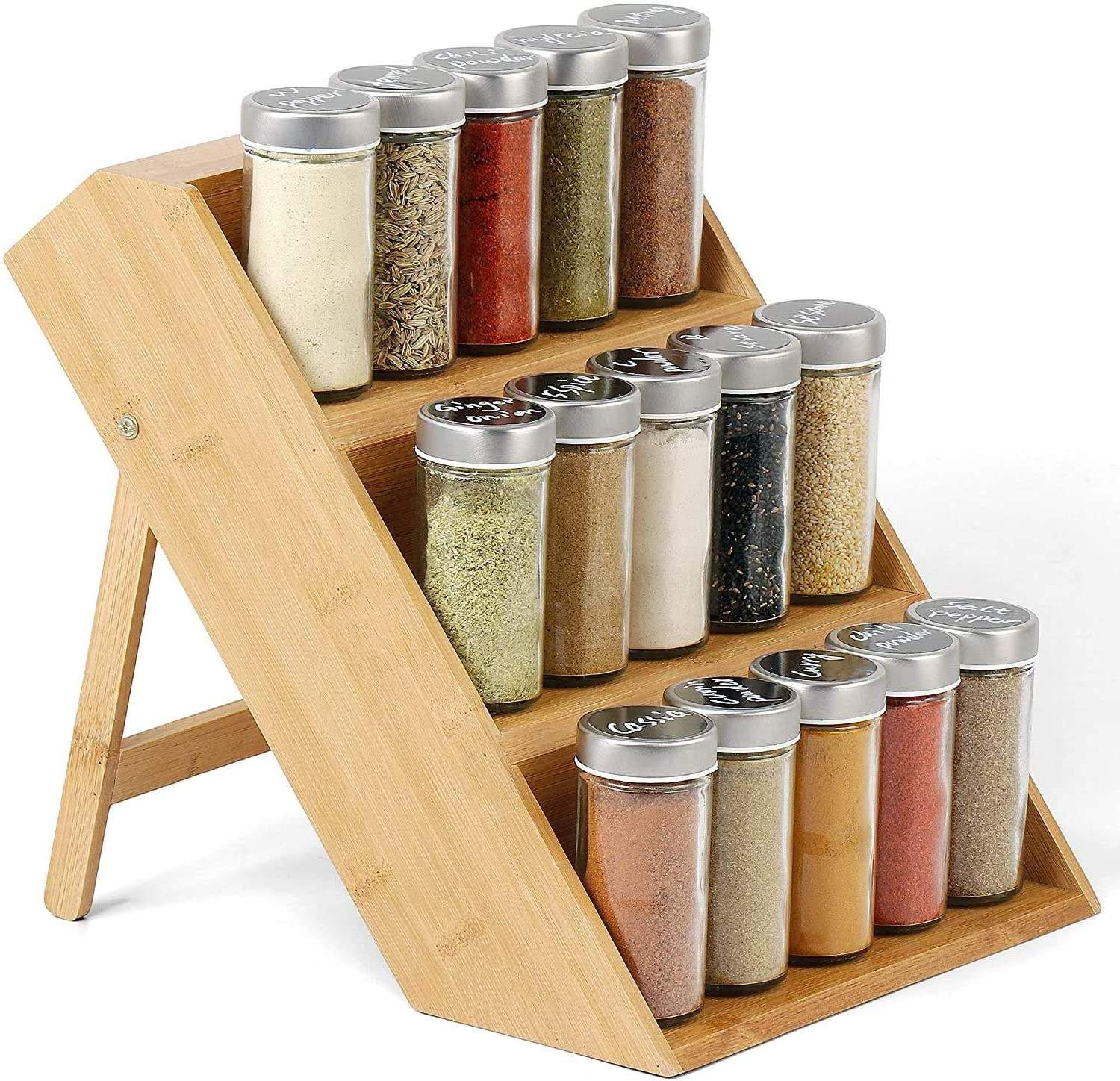 Kitchen Accessories Spice Holder Drawer Kitchen Organizer storage wall mount 3 Tiers condiments display shelf bamboo spice rack