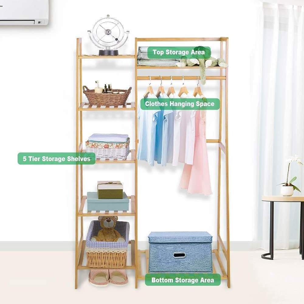 Bamboo Garment Rack 7-Tier Storage Shelves Clothes Hanging Rack Heavy Duty Clothing Rack Minimalism Wardrobe Closet Organizer