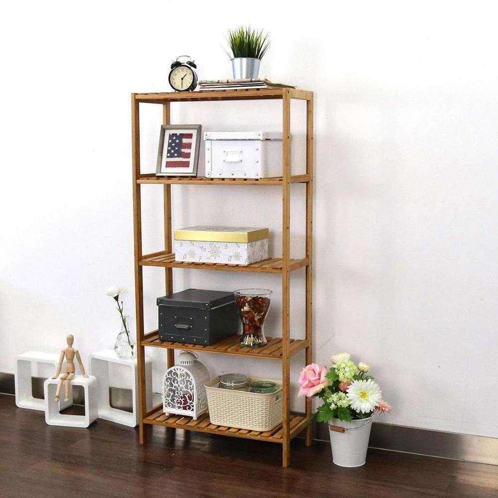 Bamboo 5 Tier Storage holder Shelving Rack Utility Shelf Multifunctional Adjustable Height Storage Shelf Bathroom Organizer