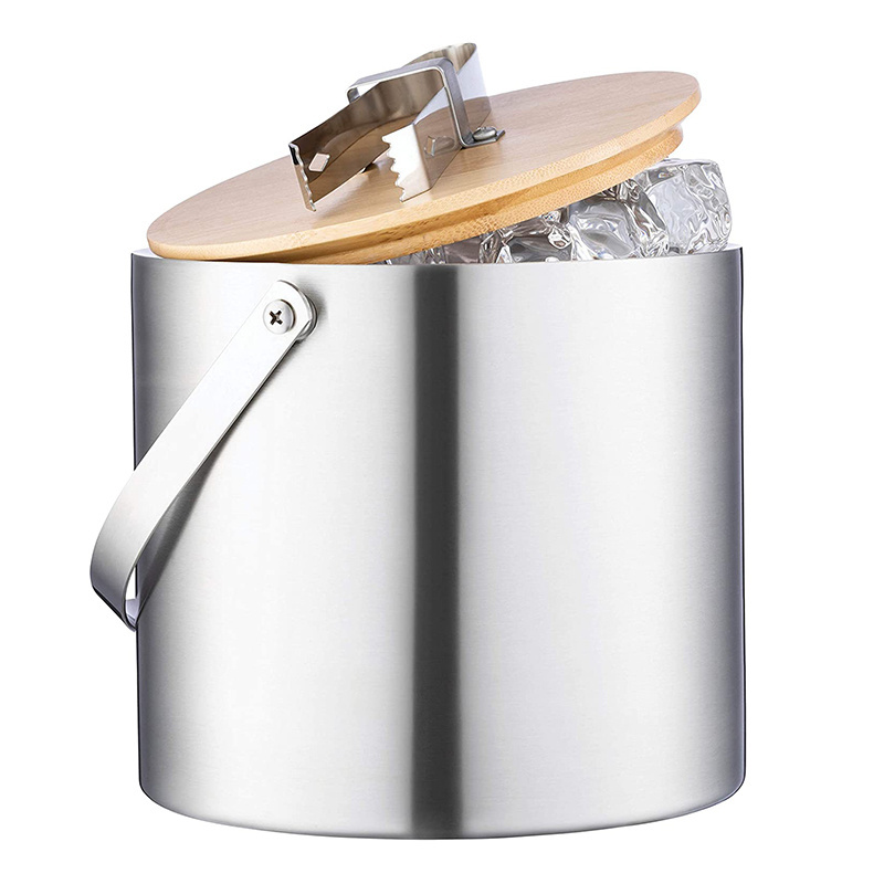 Modern Double-Wall Stainless Steel Insulated Ice Bucket With Bamboo Lid With Built In Carry Handle and Ice Tong.