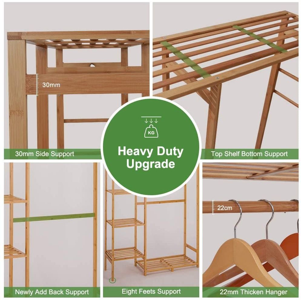 Hot Sale COOGOU 100 natural Bamboo Wood Clothing Garment Rack with Shelves for Child Kids Adults