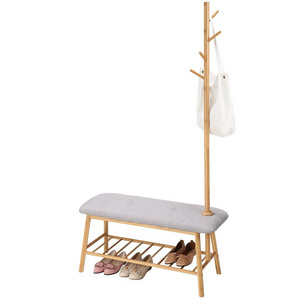 2022 new design Bamboo 4 Pair Shoe Storage Multifunctional Bench with tree coat hanger