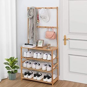 Multi functional Coat Rack Shoe Organizer 3 in 1 Bamboo Garment Rack With 8 Hooks and 4 Tier Storage Shelf