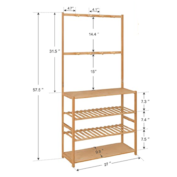 Multi functional Coat Rack Shoe Organizer 3 in 1 Bamboo Garment Rack With 8 Hooks and 4 Tier Storage Shelf