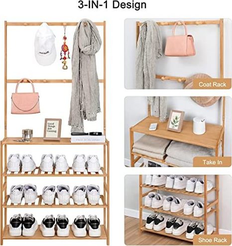 Multi functional Coat Rack Shoe Organizer 3 in 1 Bamboo Garment Rack With 8 Hooks and 4 Tier Storage Shelf