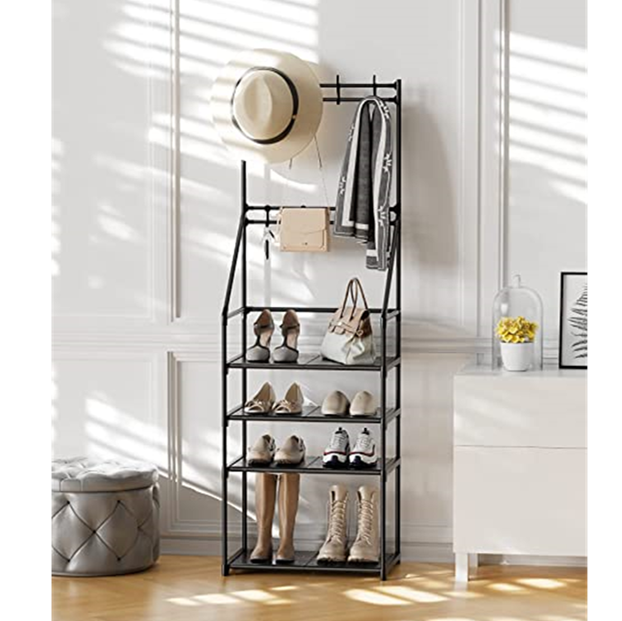 Shoe Rack Coat Hat Rack  Stackable Shoe Storage Organizer Holds 8 Pair Shoes and Boots and hangs Coats and Hats