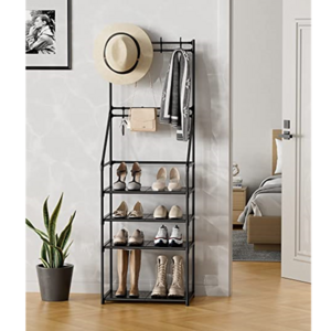 Shoe Rack Coat Hat Rack  Stackable Shoe Storage Organizer Holds 8 Pair Shoes and Boots and hangs Coats and Hats