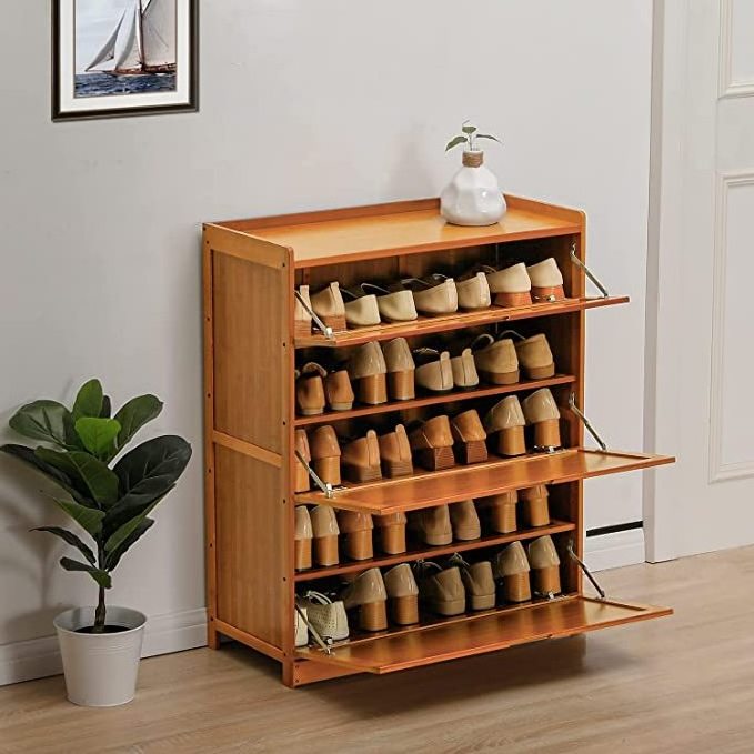 meuble a chaussures Multi Tier Shoe Rack Bamboo 5 Tier Shoe Organizer Shelf Shelves with Pull Down Door 20 Pair High Heels Boots