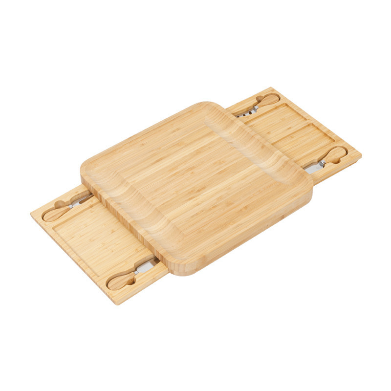 New Cheese Board Square Drawer Bamboo Cheese Board with Drawer Cheese Plate with Utensils Set 4 Stainless Steel Cutting Knives