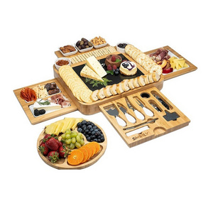 New Cheese Board Square Drawer Bamboo Cheese Board with Drawer Cheese Plate with Utensils Set 4 Stainless Steel Cutting Knives