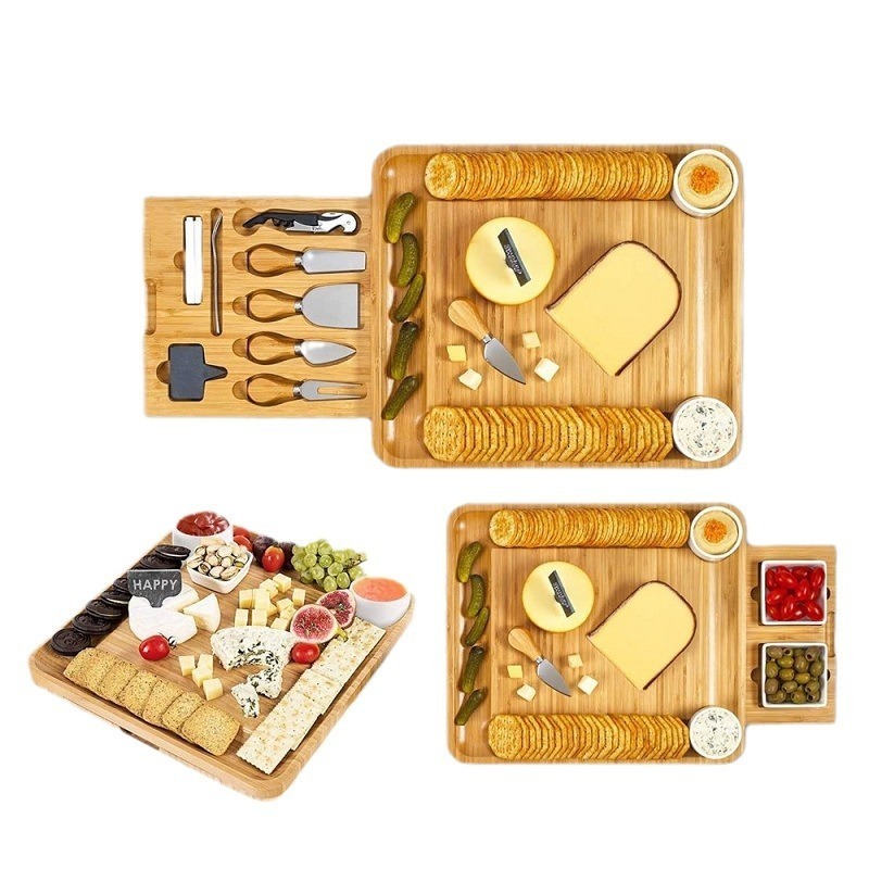 New Cheese Board Square Drawer Bamboo Cheese Board with Drawer Cheese Plate with Utensils Set 4 Stainless Steel Cutting Knives